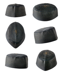 collection of skull caps, black decorative islamic headdress worn by muslim men, isolated in white background indifferent angles