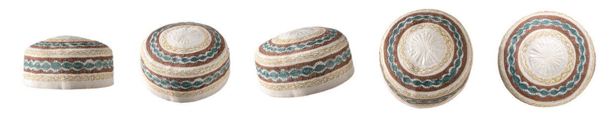 collection of skull caps, decorative islamic headdress worn by muslim men, isolated in white background indifferent angles