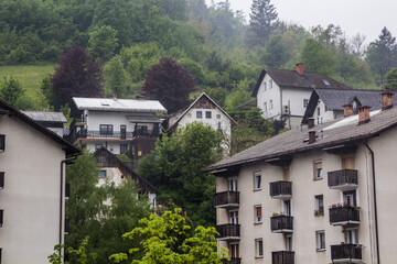 Fototapeta na wymiar Houses in Idrija town, Slovenia.