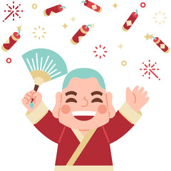 chinese smiling man celebrate with fire crackers for new year, greeting, website, web, application, presentation, printing, document, poster design, etc.
