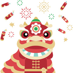 chinese lion dancing celebrate with fire crackers for new year, greeting, website, web, application, presentation, printing, document, poster design, etc.