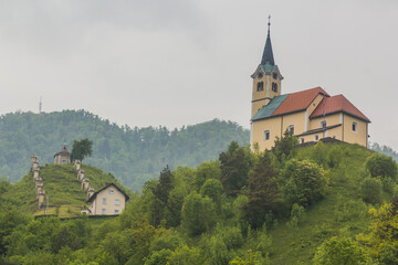 Hilltop St. Anthony's church in Idrija, Slovenia.