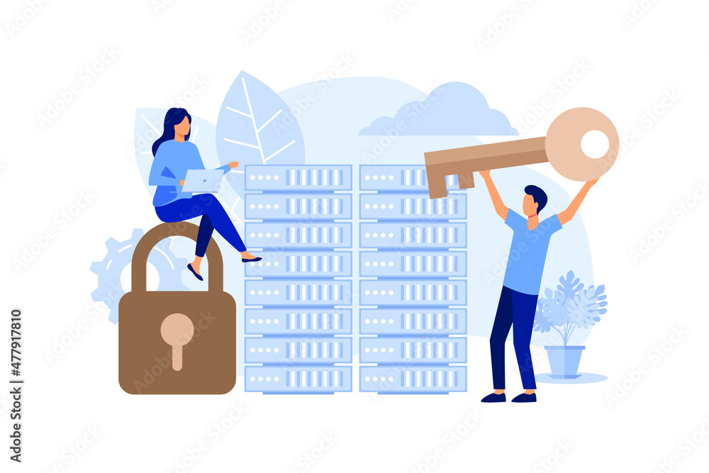 Aufkleber server security concept, showing the server is being maintained by a network administrator, suitable
