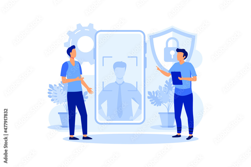 Poster face recognition technology concept, showing a mobile apps with biometric face detection technology 