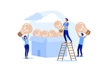 brainstorming, idea in the form of an abstraction light bulb, a group of people climbed up on extinct light bulbs flat modern design illustration