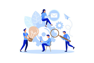 Finding new ideas. problem solving. Vector illustration banner.Teamwork search for solutions Miniature people team working flat modern design illustration - obrazy, fototapety, plakaty