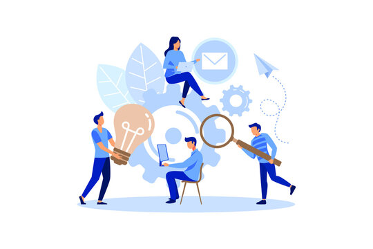 Finding new ideas. problem solving. Vector illustration banner.Teamwork search for solutions Miniature people team working flat modern design illustration