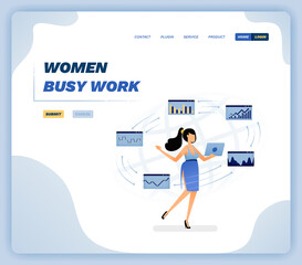 Vector illustration of woman holding a laptop and busy finishing work keeps coming on the internet. Design can be used for website, poster, flyer, apps, advertising, promotion, marketing