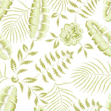Bright abstract seamless pattern with green elegance tropical leaves and plants on white background. Vector design. Jungle print. Floral background. Printing and textiles. Exotic tropics. Fresh design