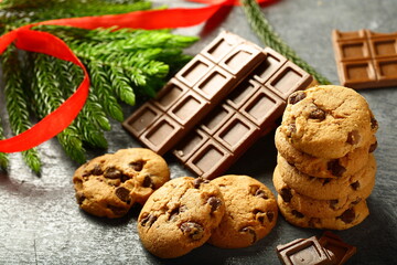 Oven fresh  homemade c=organic chocolate chips cookies- traditional Christmas recipes background.