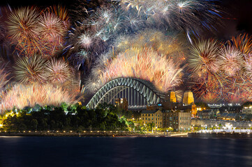 Sydney Harbour Bridge New Years Eve fireworks, colourful NYE fire works lighting the night skies...
