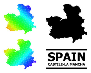 Vector low-poly spectral colored map of Castile-La Mancha Province with diagonal gradient. Triangulated map of Castile-La Mancha Province polygonal illustration.