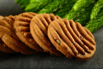 Crispy baked chocolate chip cookies. sugar free diet snack foods.