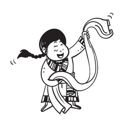 hand drawn doodle tibetan girl holding piece of cloth symbol for losar day illustration