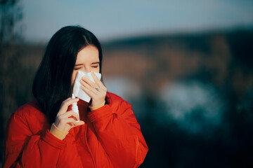 Woman Holding a Nasal Spray Blowing Her Nose feeling Cold