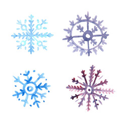 Hand drawn watercolor set of snowflakes. Vector illustration.