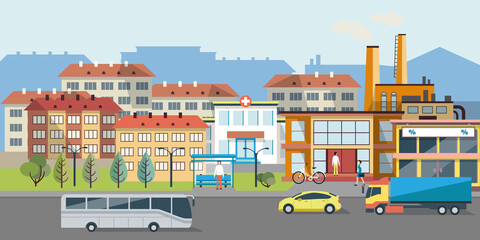 City landscape with infographic elements, cars on the road, walking pedestrians, colorful buildings, cloudy sky, 3d panoramic view vector.