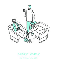 多様な家族　シニアの母親と中高年の息子