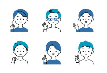 ポジティブなポーズと表情の男性のシンプルなイラストセット