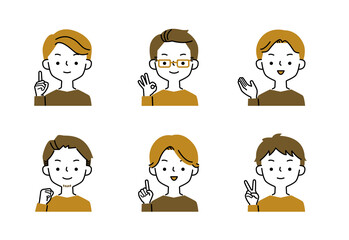 ポジティブなポーズと表情の男性のシンプルなイラストセット