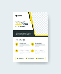 Obraz premium Business flyer layout template in A4 size ready to print. Modern brochure cover design. with yellow and black color. for marketing, proposal, promotion, advertise. 