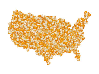 Map of USA made with corn kernels on a white isolated background. Export, production, supply,...