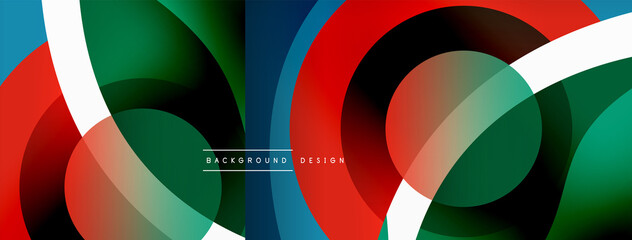 Obraz premium Abstract background with color geometric shapes. Beautiful minimal backdrop with round shapes circles and lines. Geometrical design. Vector illustration