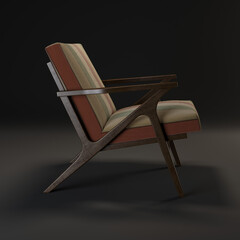 3d Rendering Cavett Wood Chair in tan, olive green, and red stripes on black background side view