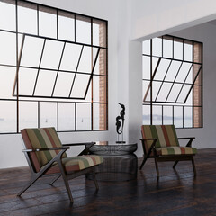Green, red, brown striped wood frame Cavett chairs with table, windows, and decor in open studio