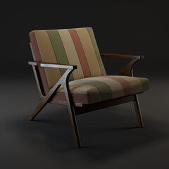 3d Rendering Cavett Wood Chair in tan, olive green, and red stripes on black background front angled view