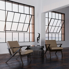 Tan colored wood frame Cavett chairs with table, windows, and decor in open studio