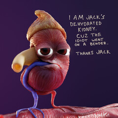 Educational Humorous 3D Graphic with Kurt the Kidney, featuring dehydrated kidney, renal artery, renal vein, adrenal gland, text, ureter, urine, after hangover