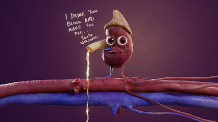 Educational Humorous 3D Graphic with Kurt the Kidney, featuring kidney, renal artery, renal vein, adrenal gland, text, ureter, urine