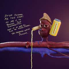 Educational Humorous 3D Graphic with Kurt the Kidney, featuring kidney, renal artery, renal vein, adrenal gland, and energy drink