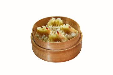 Dim sum in a bamboo container with a white background