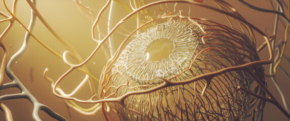 Artistic close up of human eye anatomy in gold with lights - obrazy, fototapety, plakaty