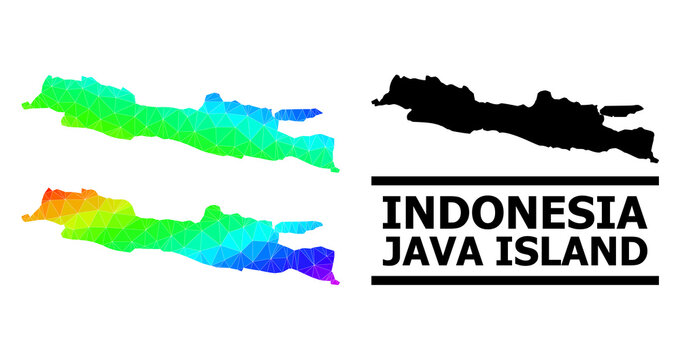 Vector lowpoly rainbow colored map of Java Island with diagonal gradient. Triangulated map of Java Island polygonal illustration.