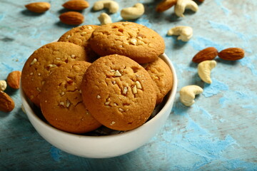 Homemade cashew nut almond cookies. delicious breakfast meal.
