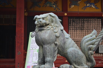 Tokyo, Japan: Close up of one of the smaller open mouth komainu guarding the front of the Asakusa Jinja shinto shrine.