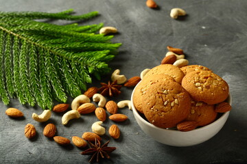 Homemade crispy baked dry fruits cookies .on a holiday  celebrations background. 
