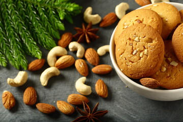 Close up image- oven fresh cashew, almonds cookies, 