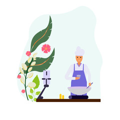 Vector illustration of a chef cooking, zoom activity on a floral background.