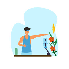 vector flat illustration of a gym trainer doing a live broadcast on online social media, on a floral background.