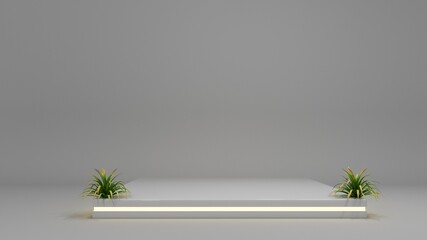 White Illuminated neon lights stage podium for product  presentation 3d render 