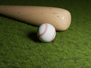 Baseball bat and ball on grass with text free space, 3d rendering