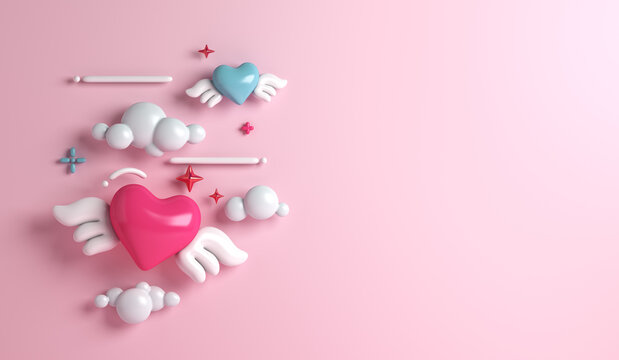 Happy Valentines day background with heart shape wing, copy space text, 3D rendering illustration