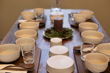 Korea Empty white ceramic bowls on wooden table background.