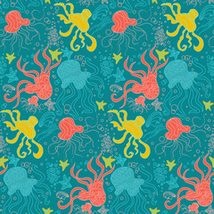 Fototapeta na wymiar Seamless pattern with Underwater doodle illustration. Vector illustration with sea and ocean life