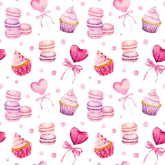Watercolor seamless pattern with cupcake, macaroon and lollipop isolated on white background.