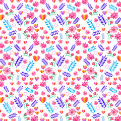 Fototapeta na wymiar Seamless pattern with watercolor heart. Valentine's Day background, Beautiful vector floral summer seamless pattern with watercolor hand-drawn field wild flowers. Stock illustration. 